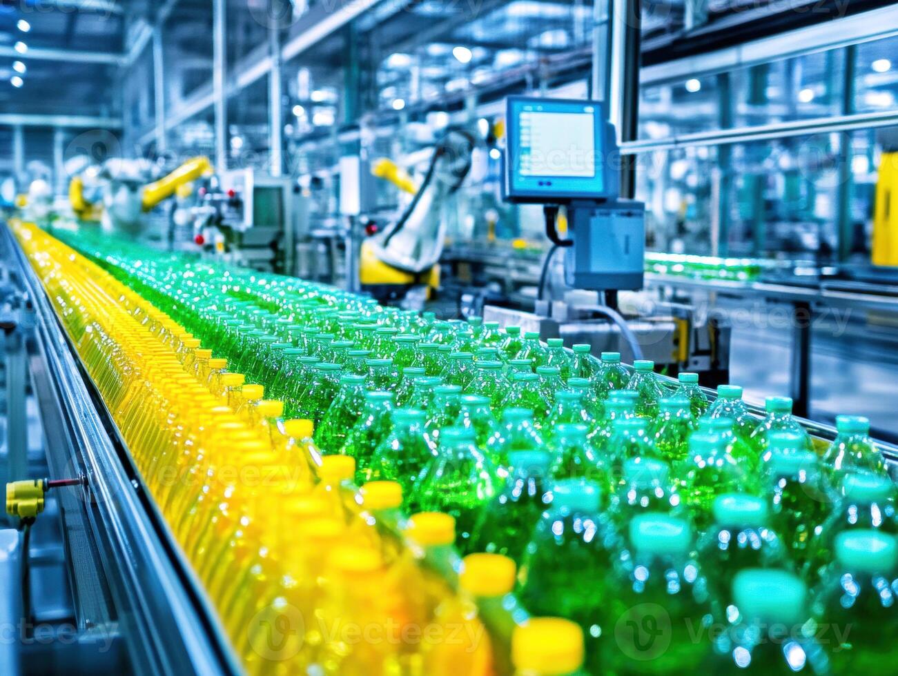 Modern bottling factory with robotic assembly line in operation photo