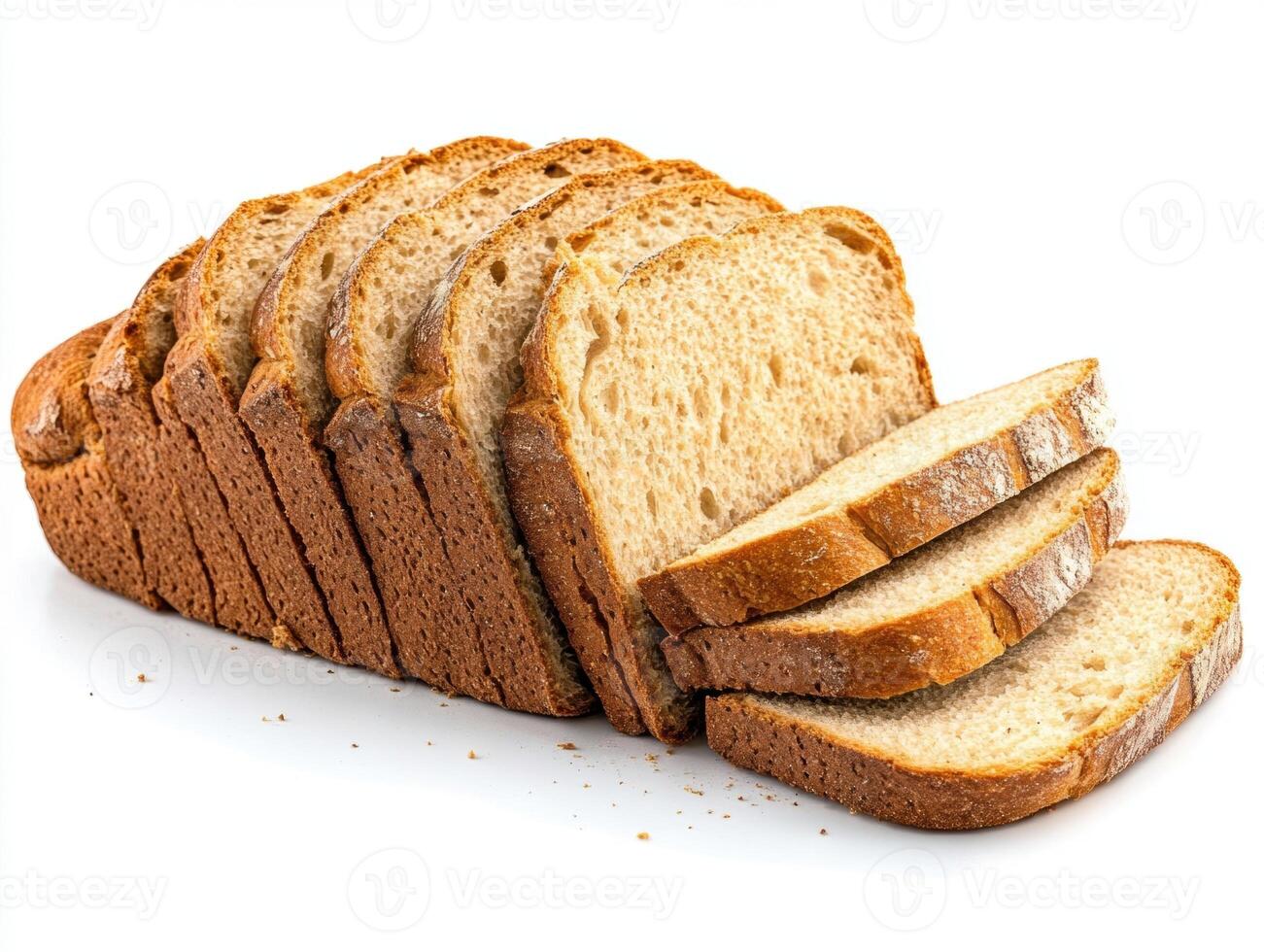Freshly sliced whole grain bread on a white background photo