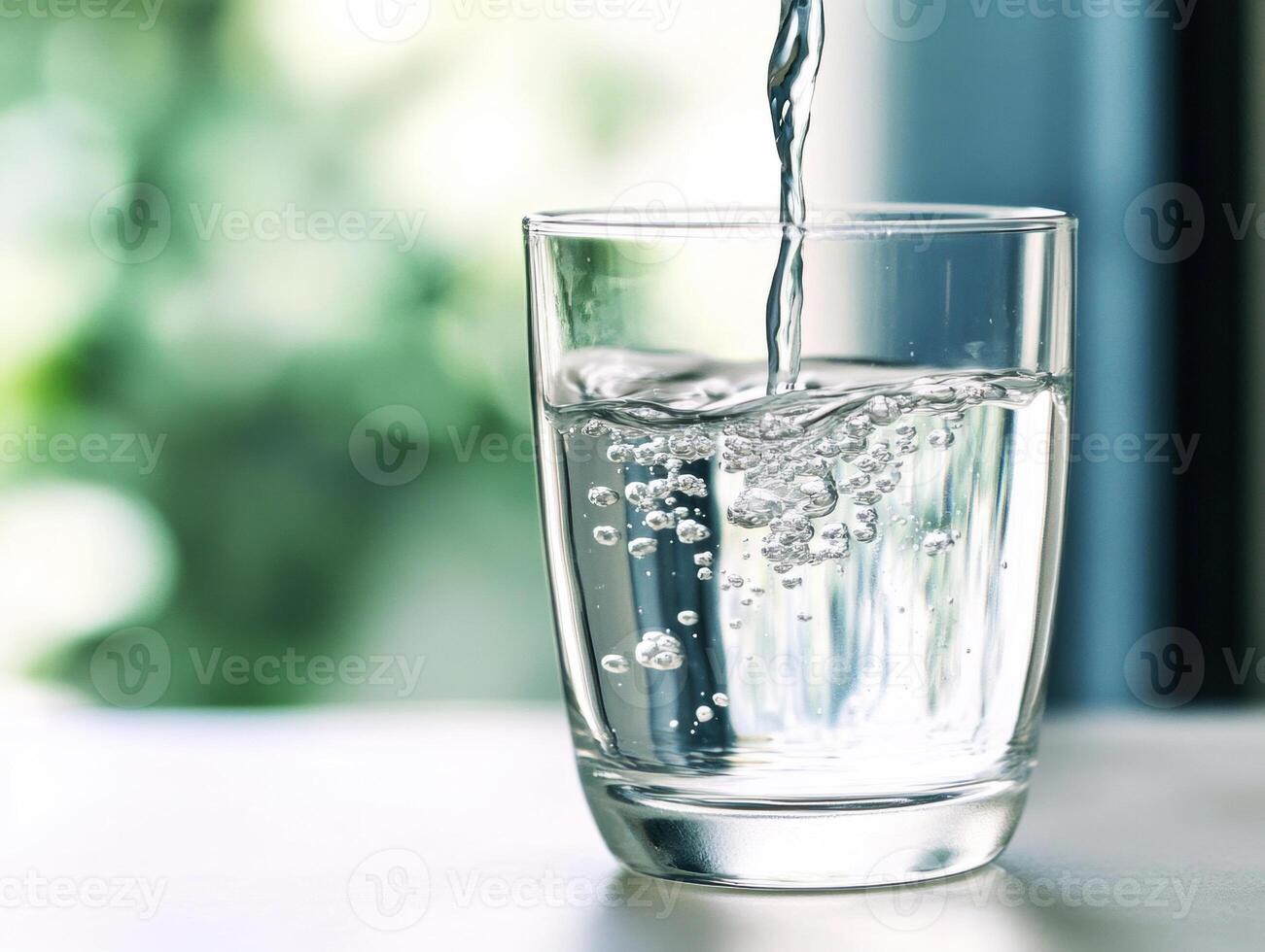 Water pouring into a clear glass creating bubbles photo