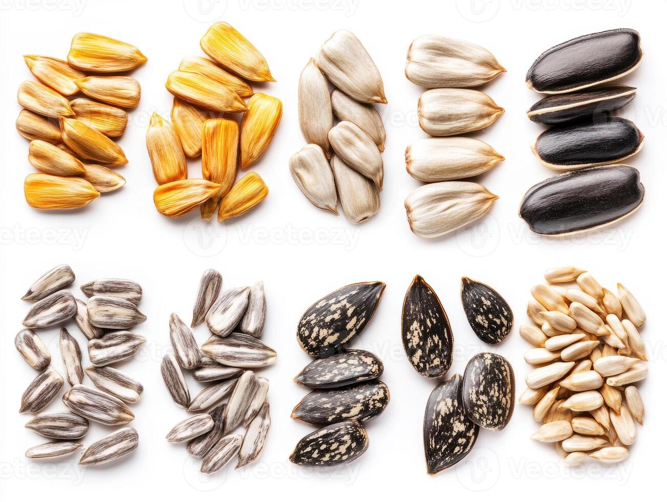 Variety of raw seeds arranged neatly on a white background photo