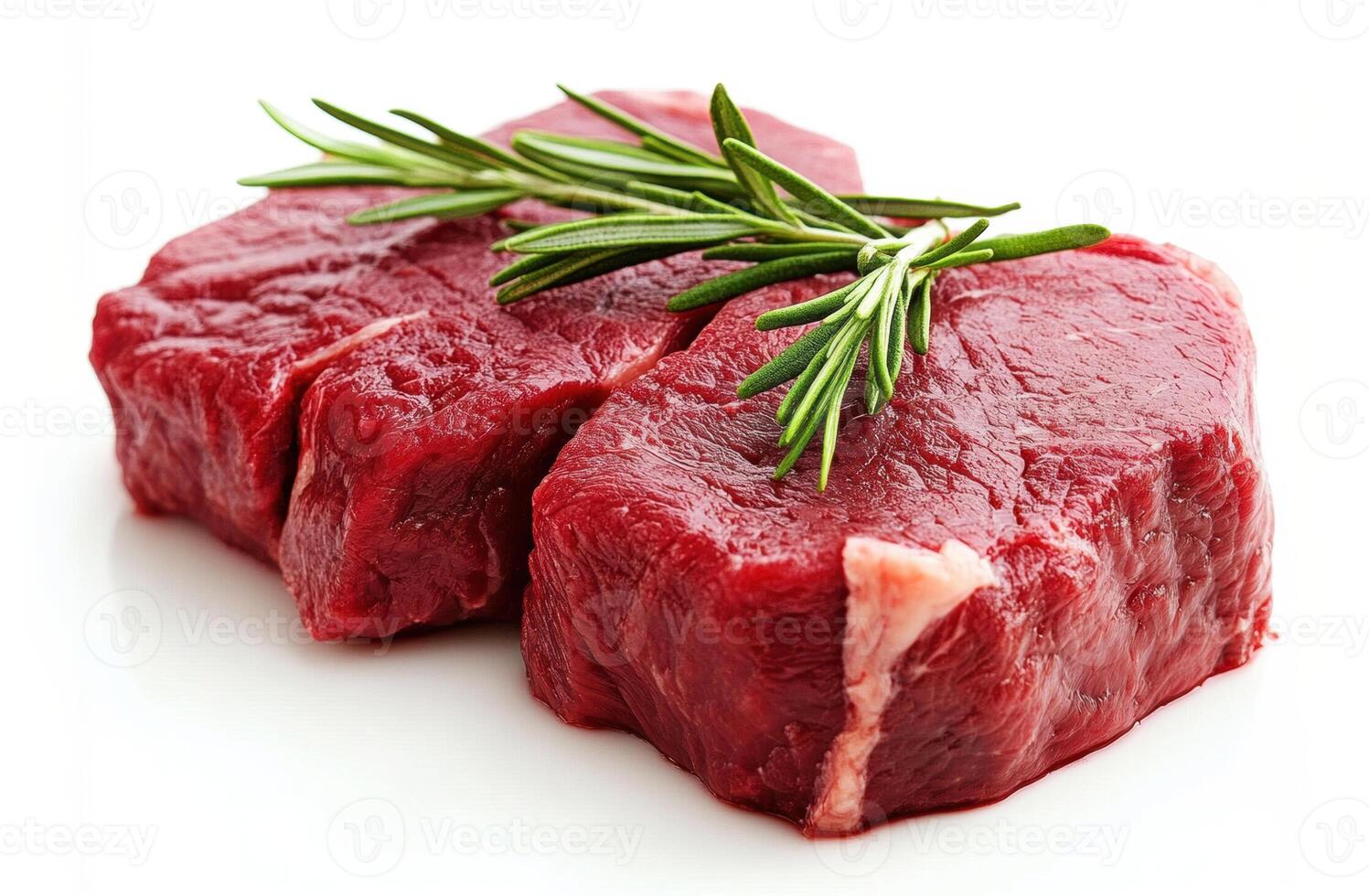 Fresh cuts of beef with rosemary garnish on a white background photo