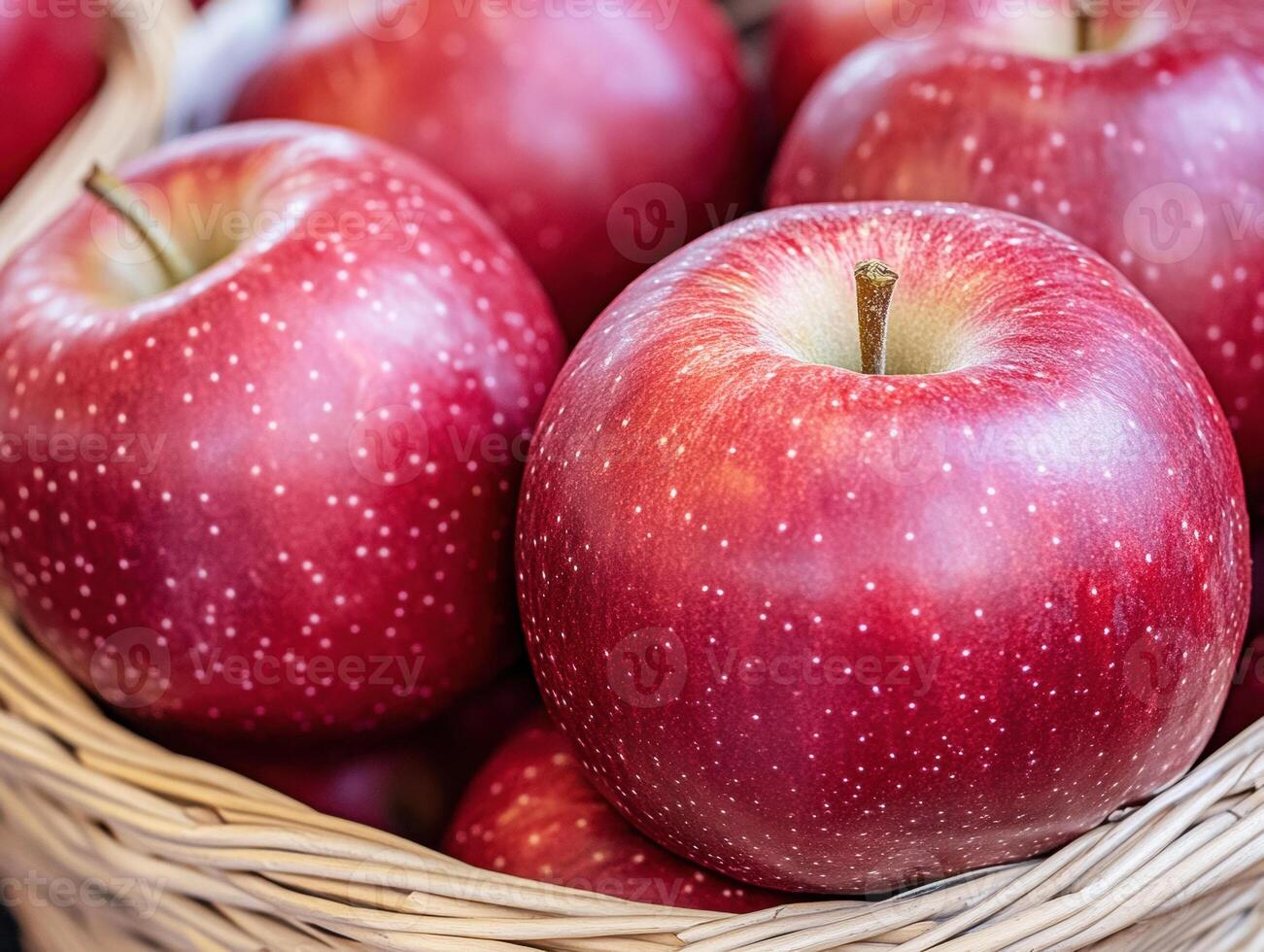Fresh red apples displayed in a woven basket at a market photo
