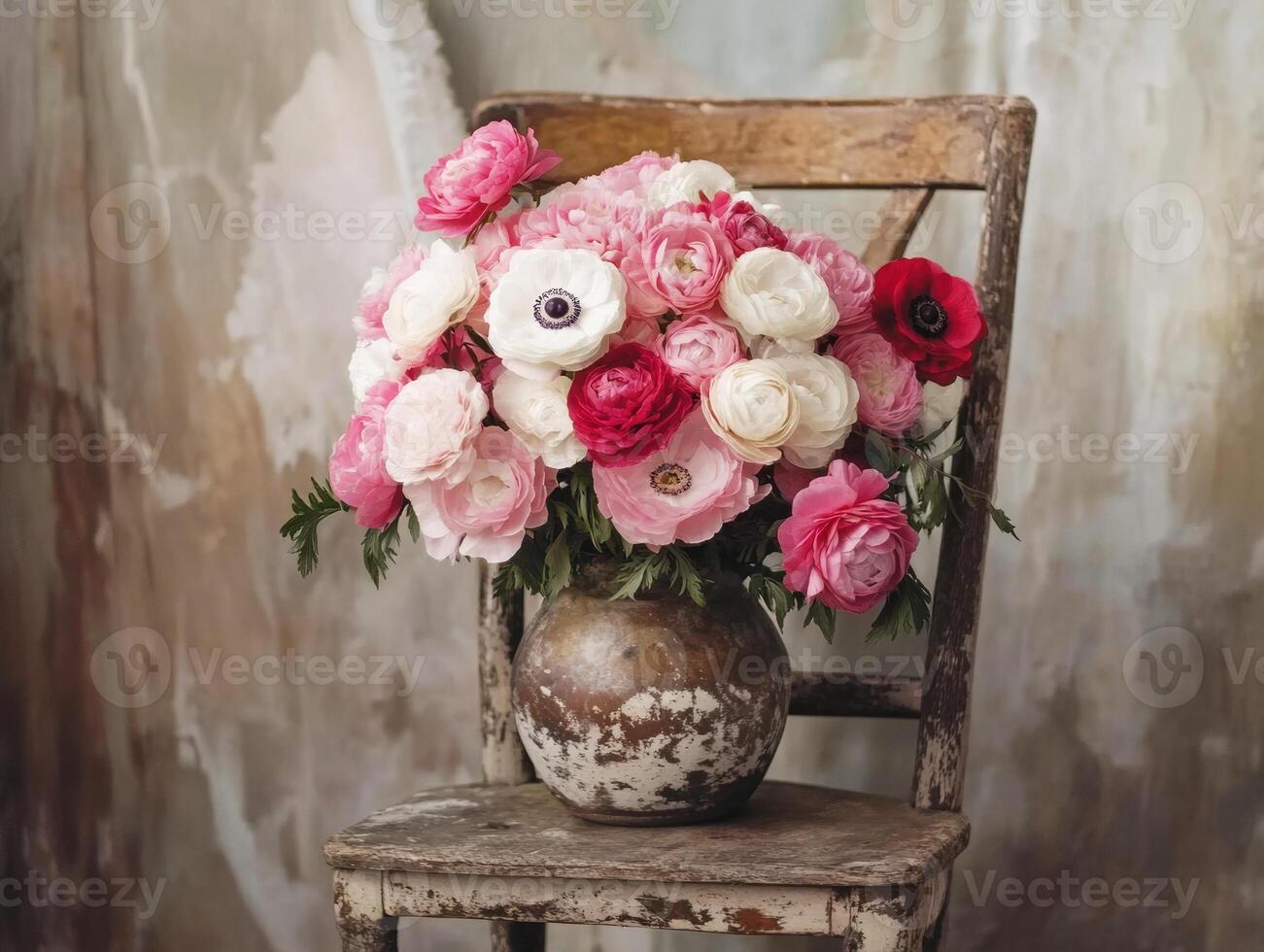 Floral arrangement of ranunculus and anemones on rustic chair photo