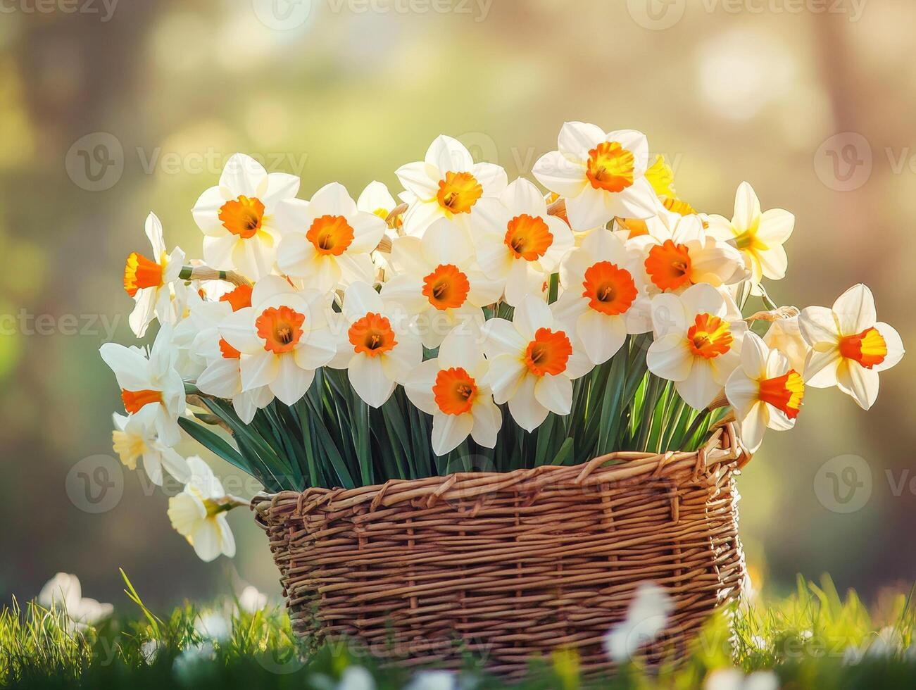 Basket of daffodils brightens a spring garden at sunset photo