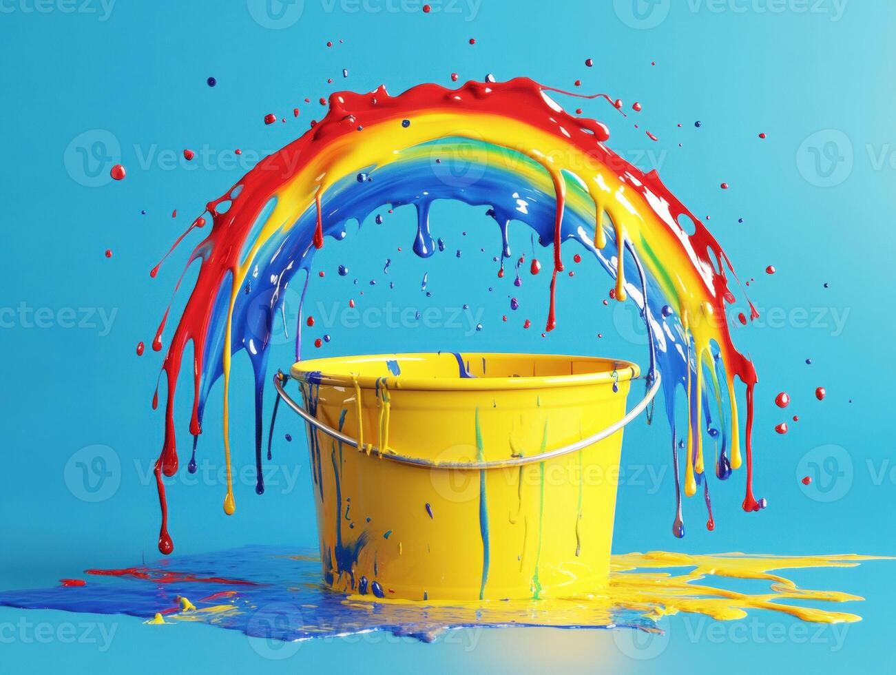 Bright colors splash from a yellow bucket creating a rainbow effect photo
