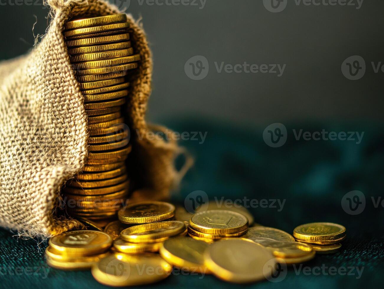 Golden coins spilling from a burlap sack on a dark surface photo