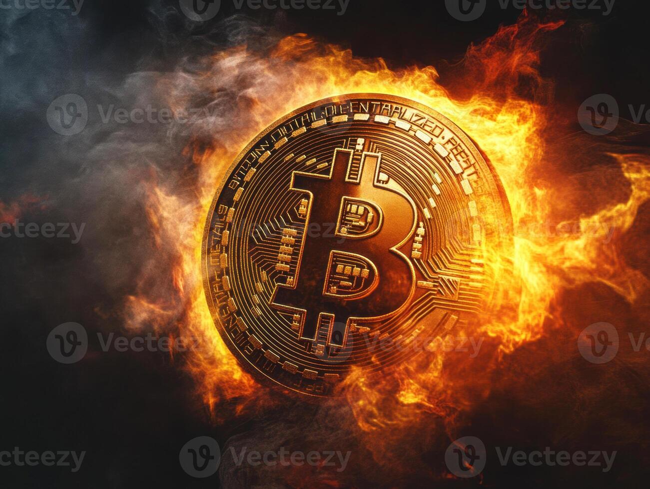 Bitcoin symbol surrounded by flames in a dark atmosphere photo