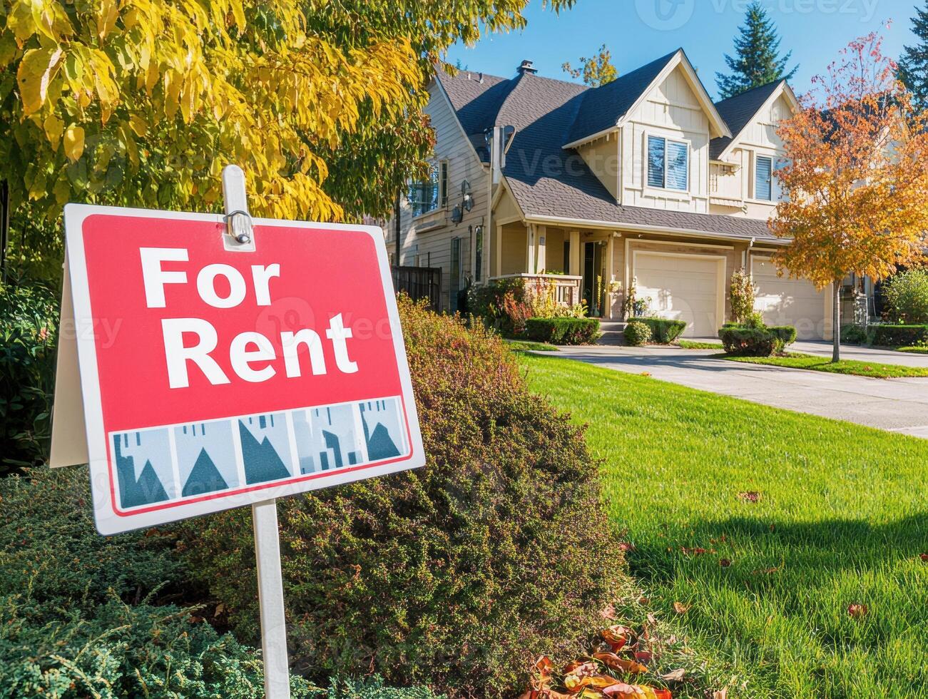Bright suburban house with for rent sign on a sunny day photo
