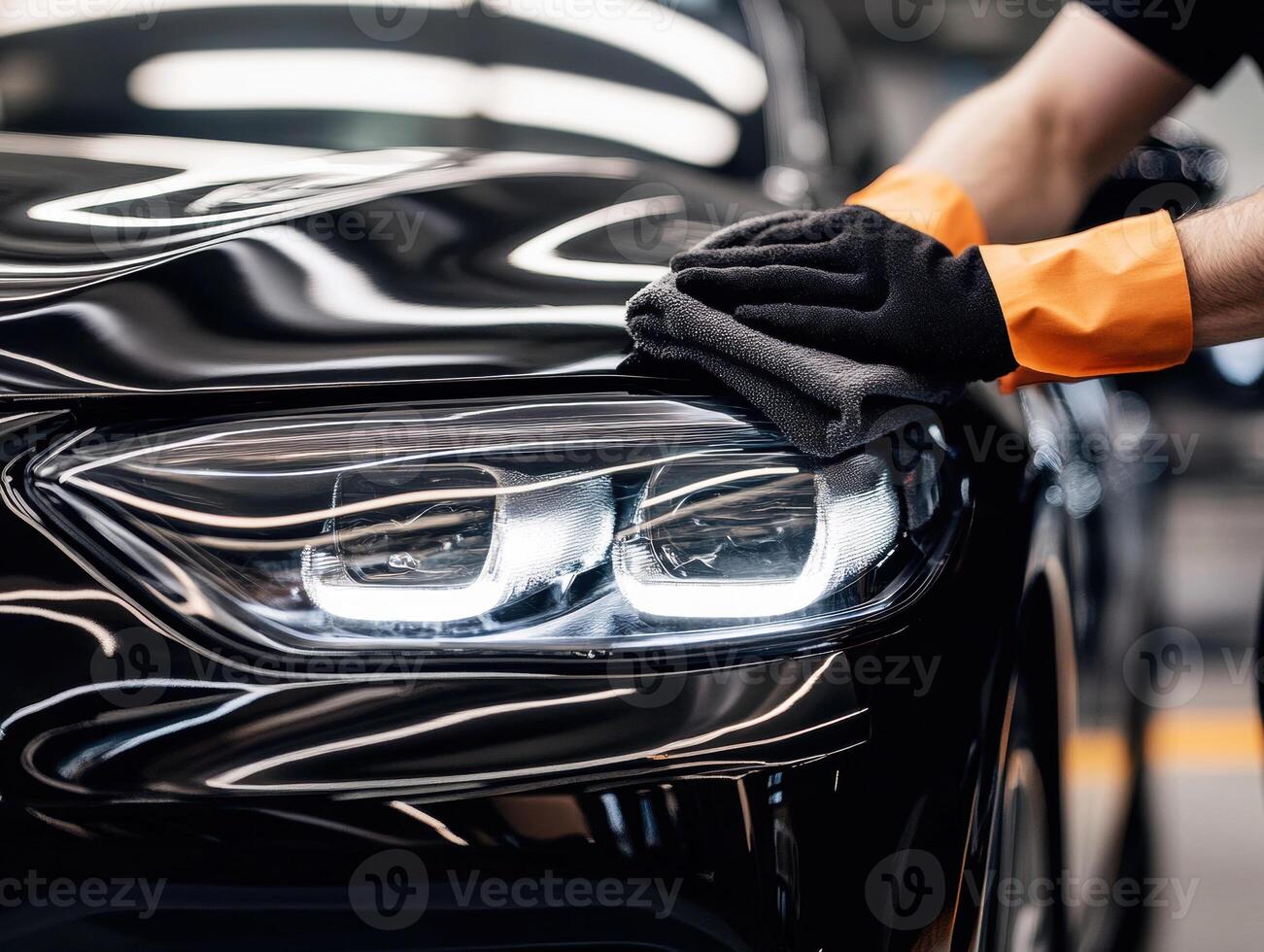 Car detailing expert cleans headlight in modern workshop space photo