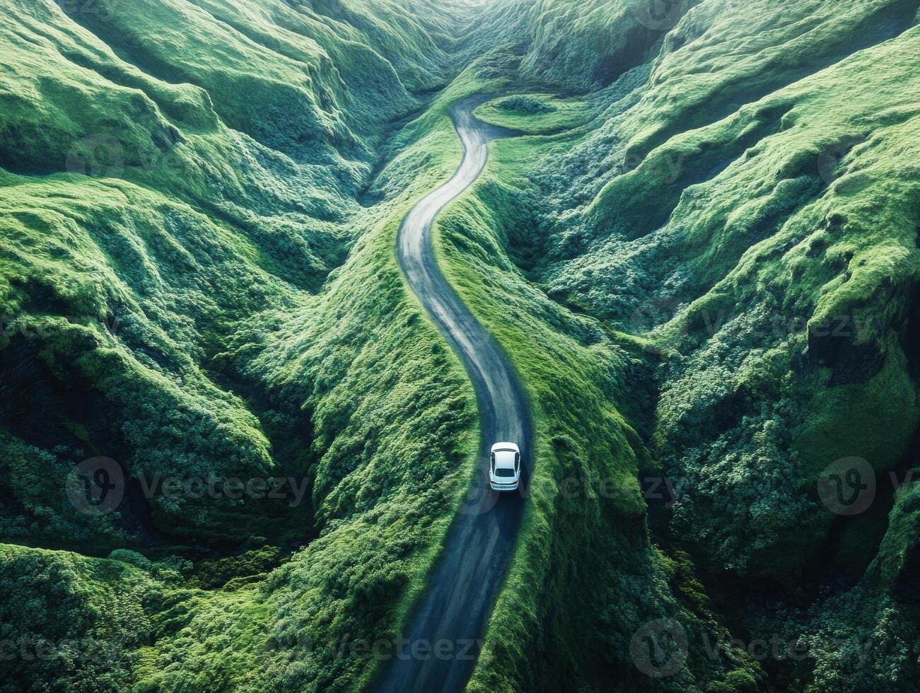 Winding road through lush green hills in a serene landscape photo