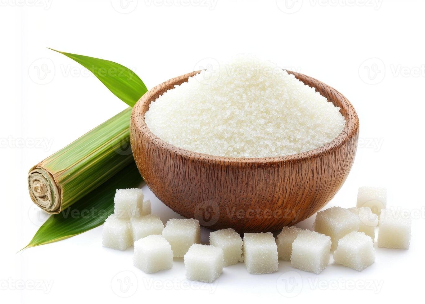 Sugar in a wooden bowl with sugarcane and cubes on a white background photo