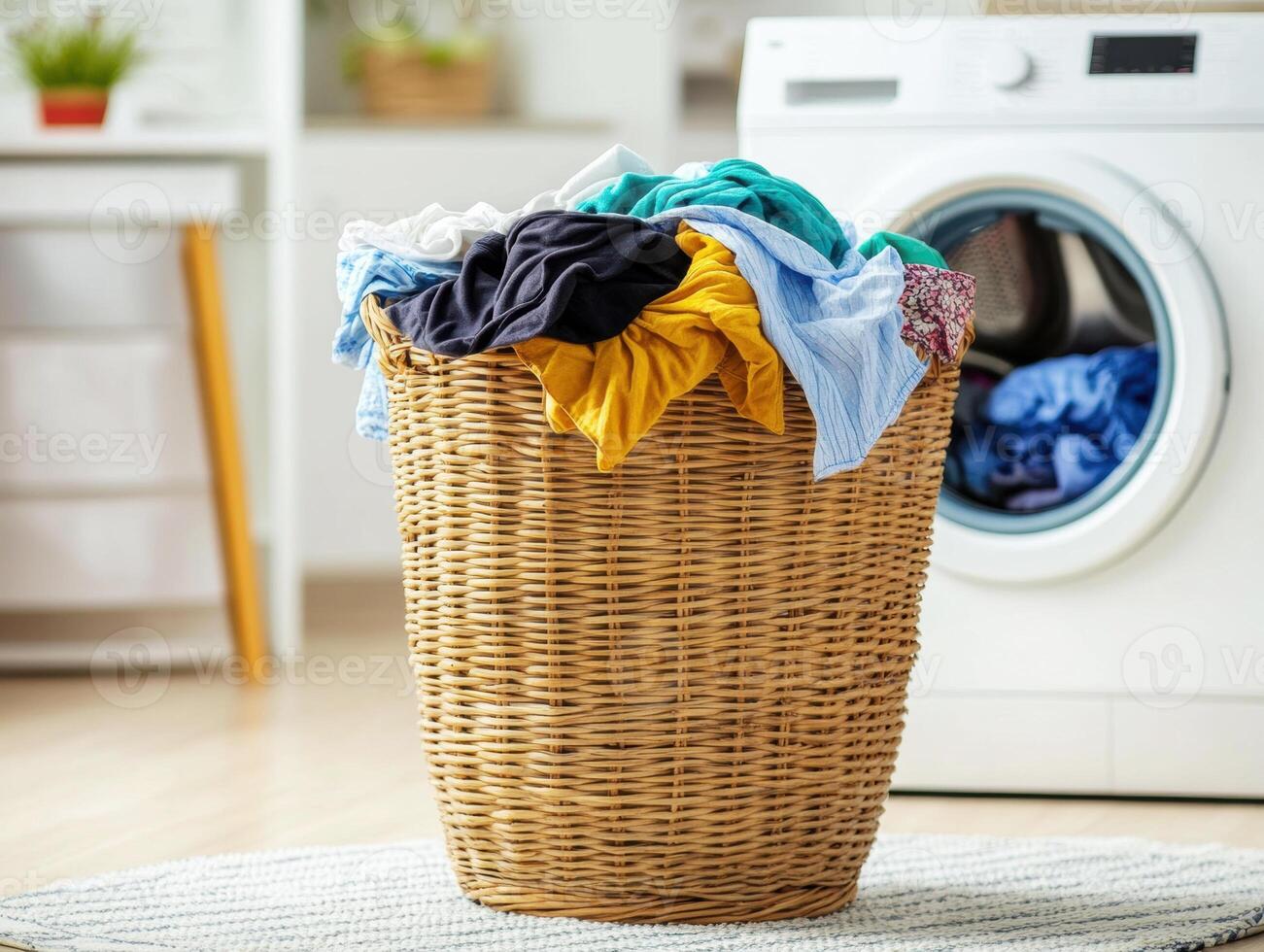 Laundry basket filled with colorful clothes near washing machine photo