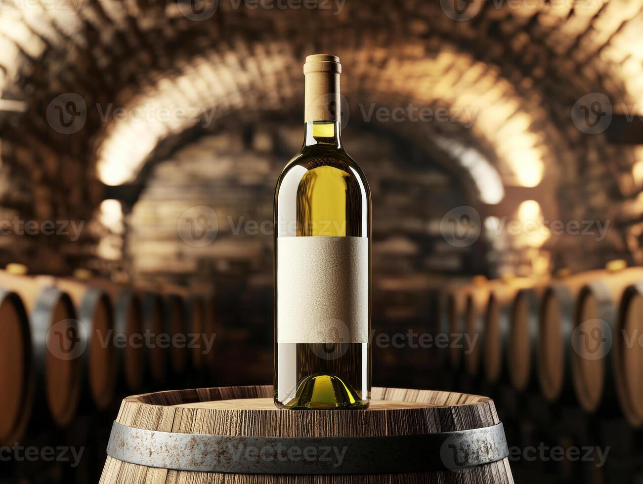 White wine bottle displayed on a wooden barrel in a cellar photo