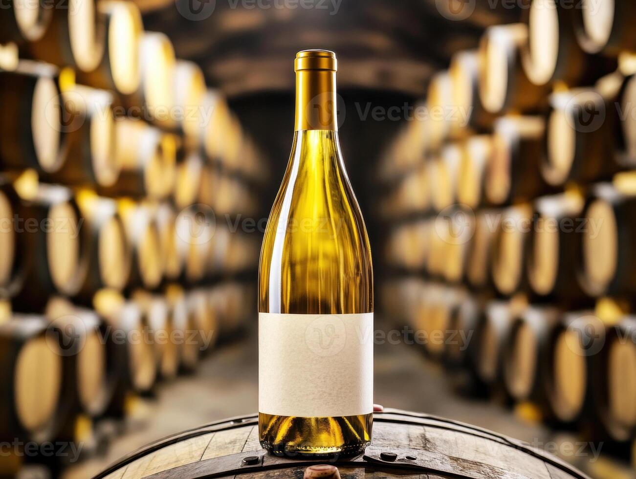Wine bottle resting on a barrel in a dimly lit winery cellar photo