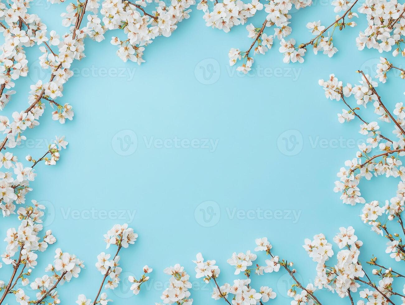Beautiful cherry blossom flowers arranged on a blue background photo