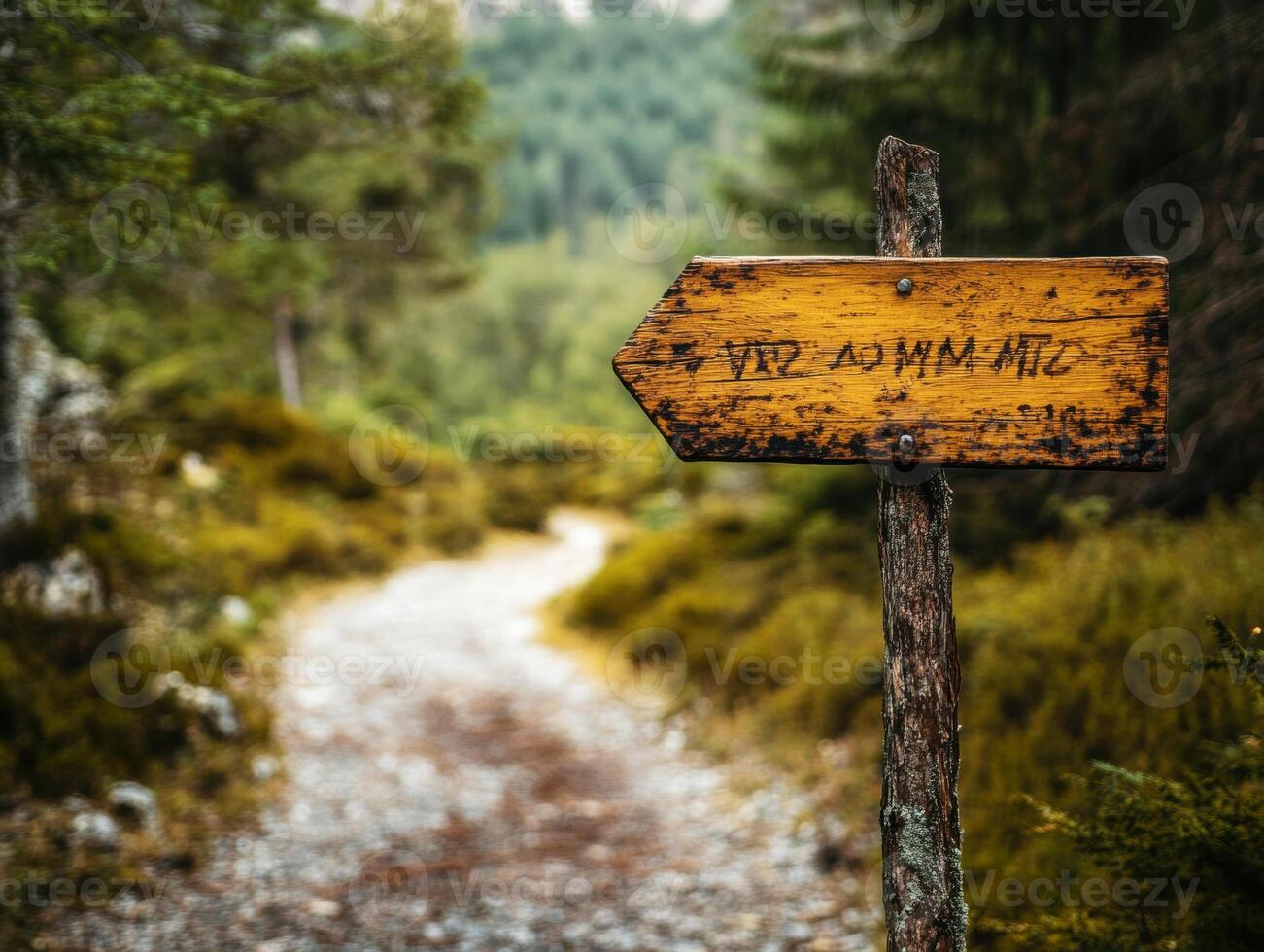 Hiking trail sign in a lush green forest during daylight hours photo