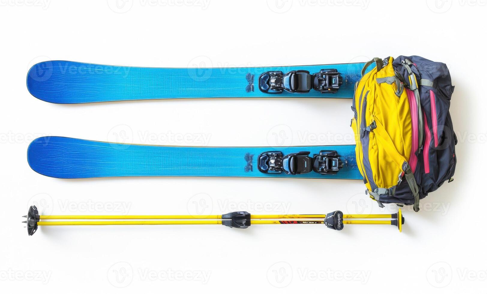 Ski equipment laid out for winter adventure in snowy landscape photo