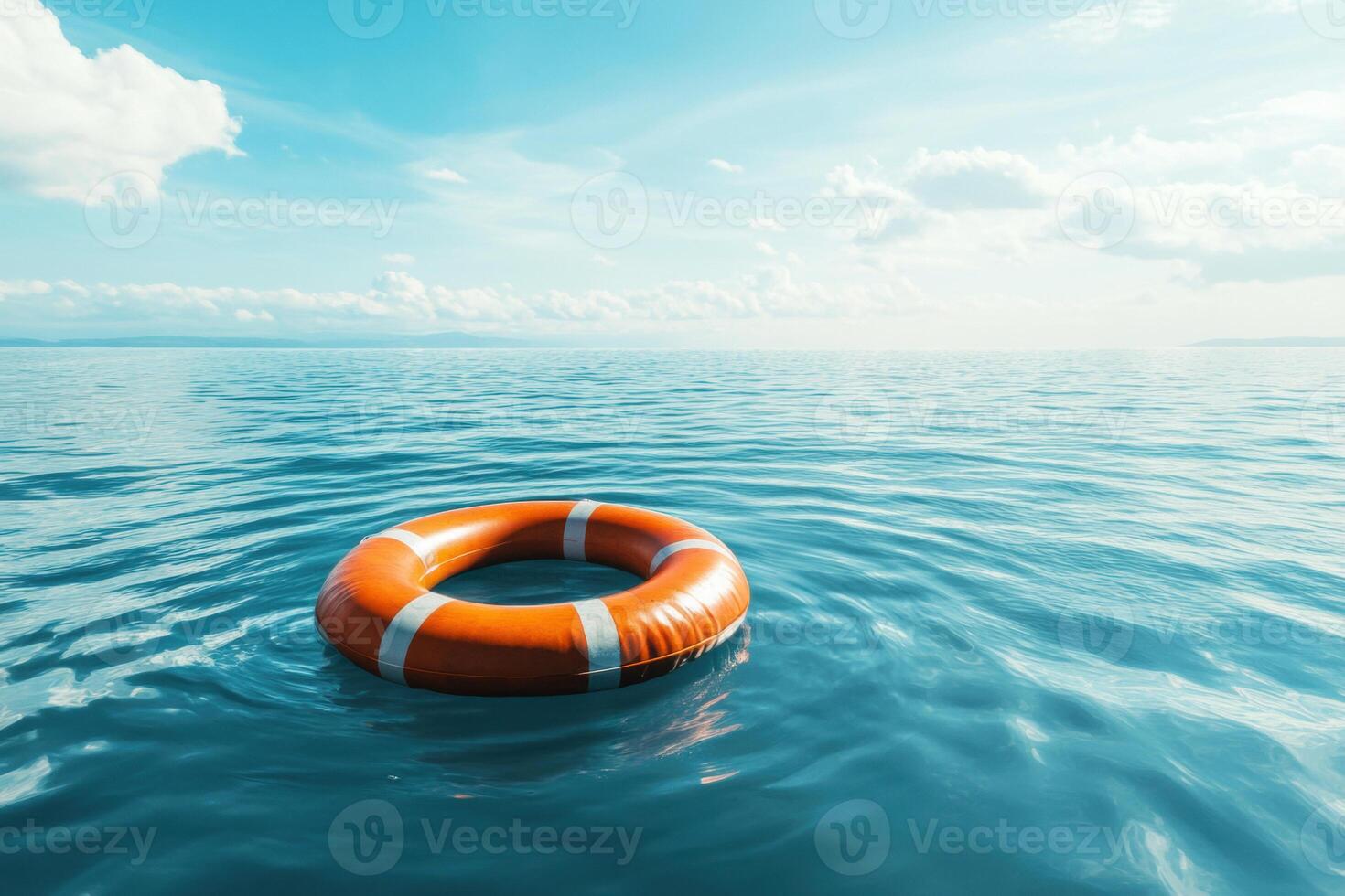 Lifebuoy floating on calm ocean waters under a blue sky photo