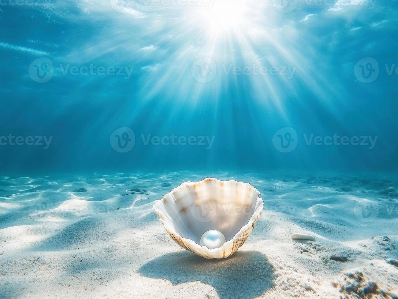 Underwater pearl in a shell illuminated by sunlight photo