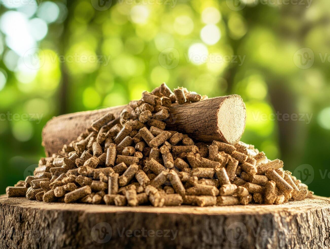 Wood pellets stacked on a log in a forest setting photo