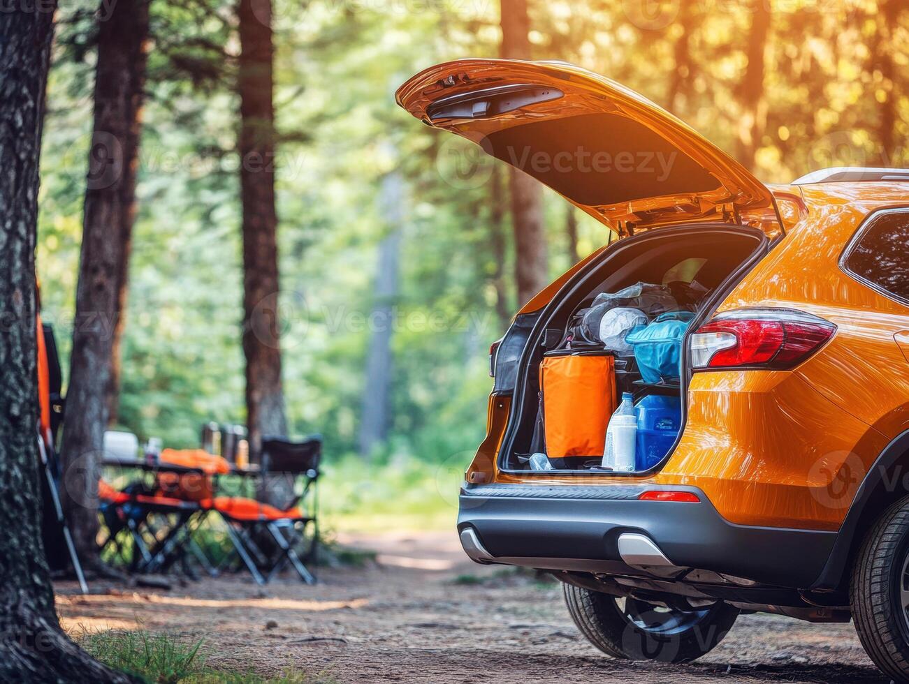Family camping adventure in a serene forest setting photo