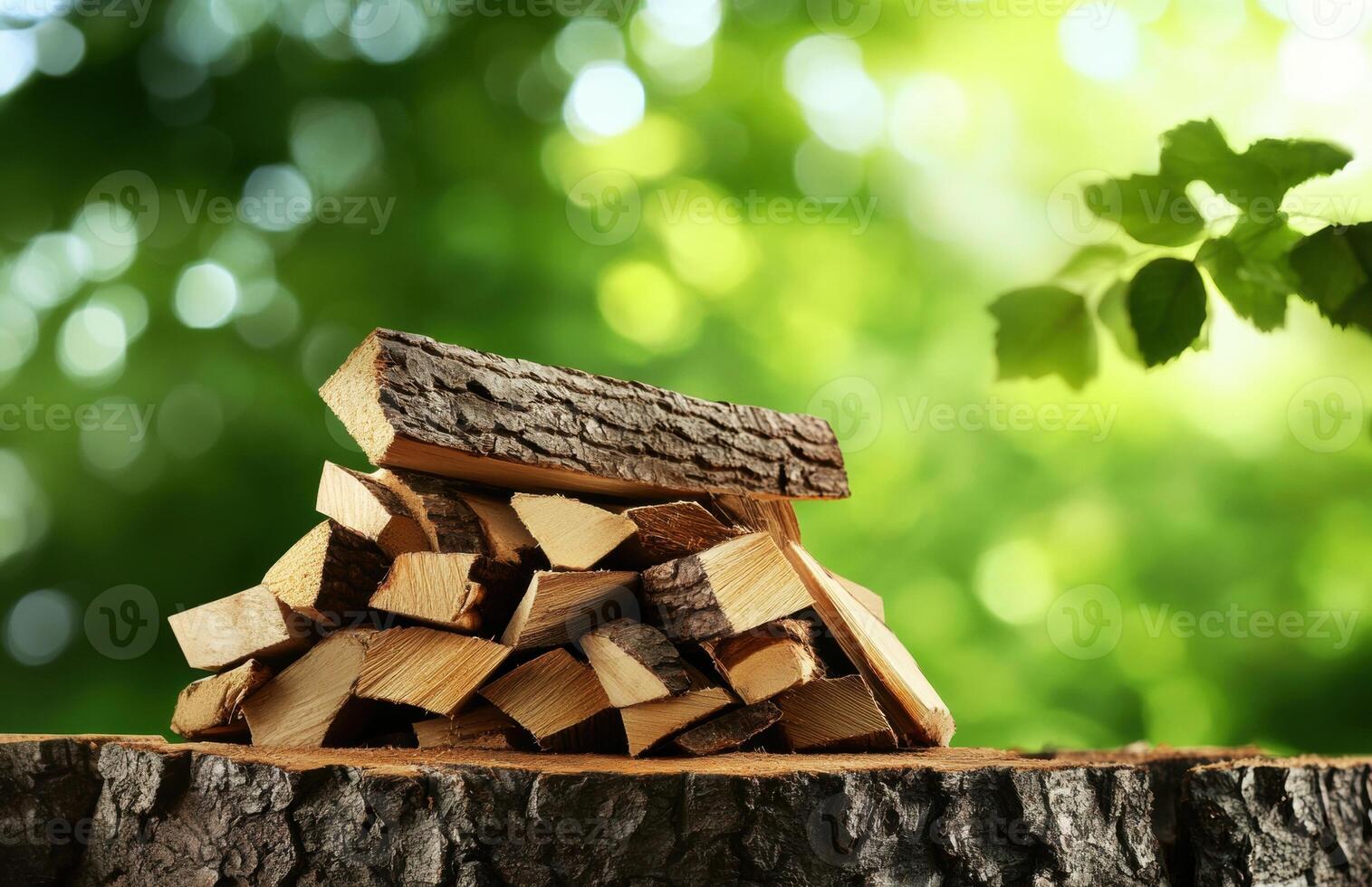Wood stack in a serene forest setting on a sunny day photo