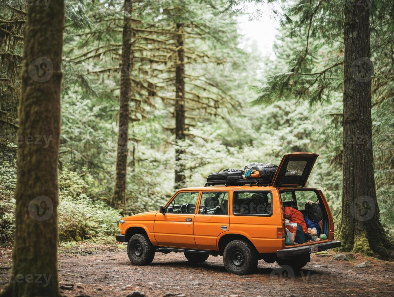 Orange SUV parked in a dense forest during a camping trip photo