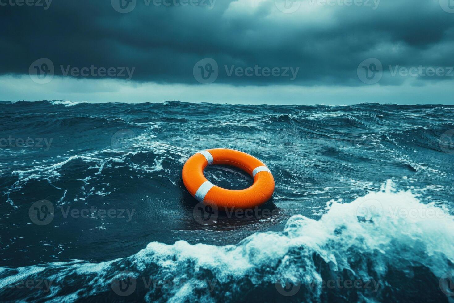 Lifebuoy adrift in tumultuous ocean waters during a storm photo