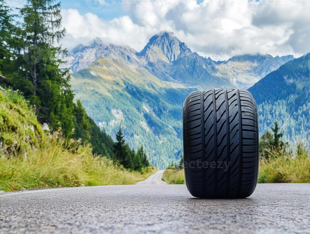 Mountains surround a lonely tire on a winding road photo