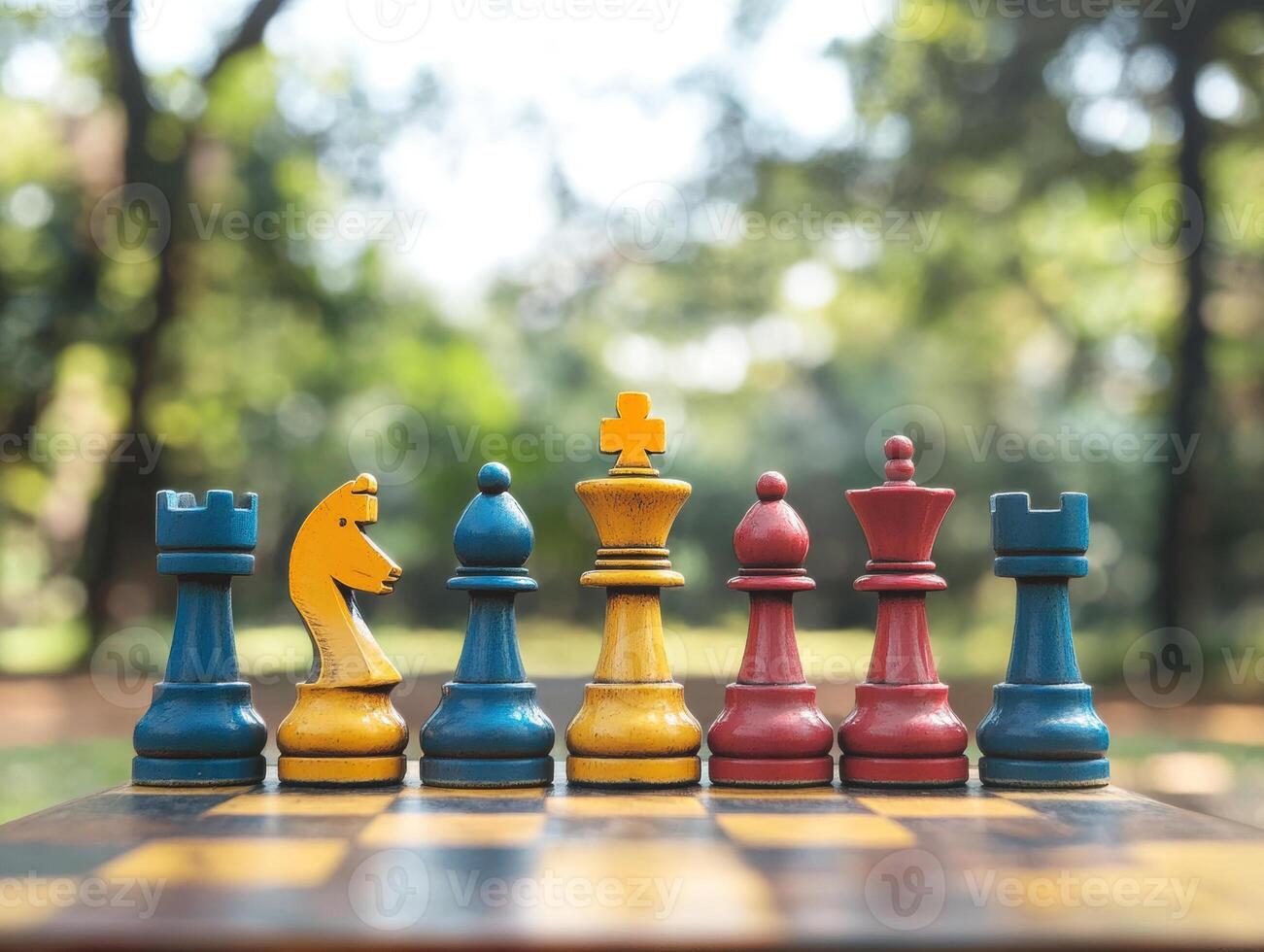 Chess pieces arranged on a board in a sunny park setting photo