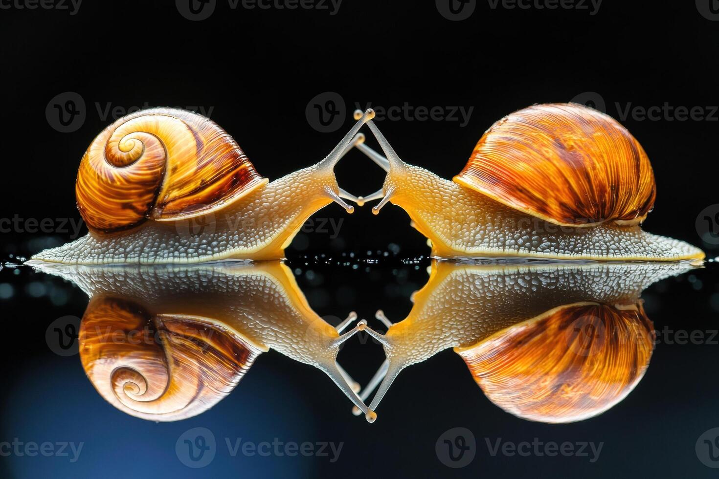 Two snails on reflective surface creating a natural mirror effect photo