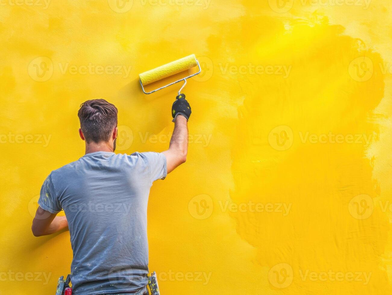 Man painting a wall bright yellow with a roller in a sunny environment photo