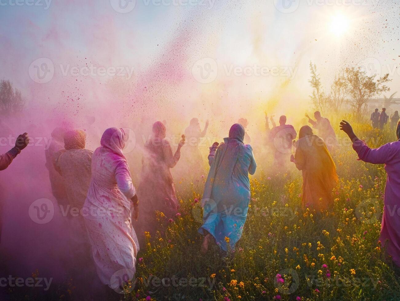 Celebration of colors at vibrant festival in open field photo