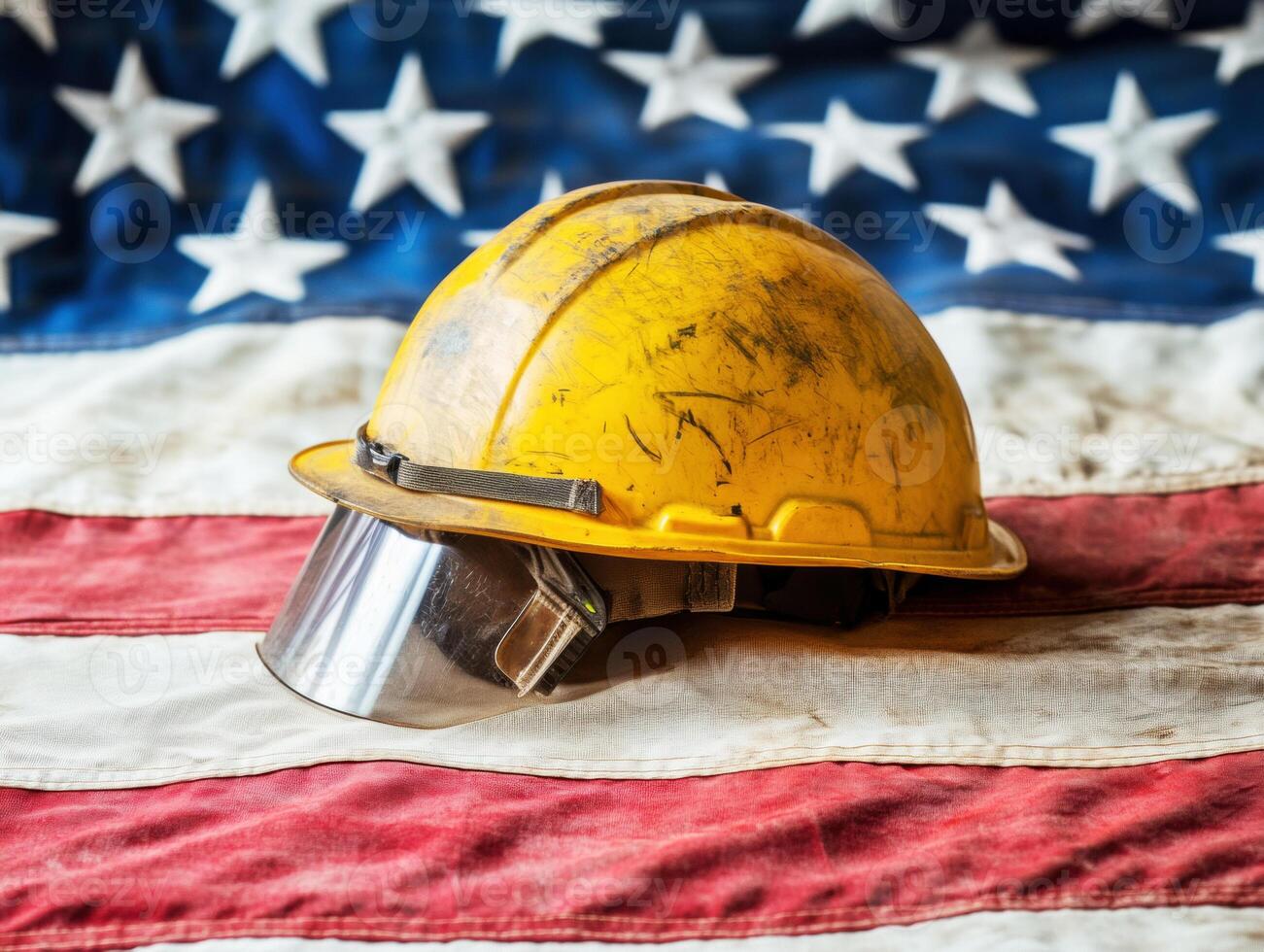 Hard hat resting on American flag symbolizing construction work photo