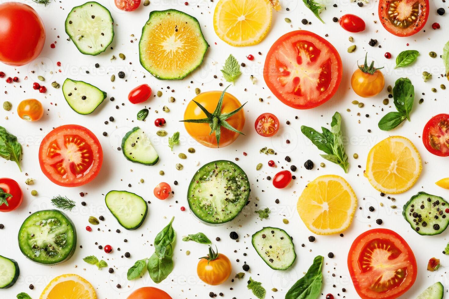 Vibrant fruits and veggies on a white background photo