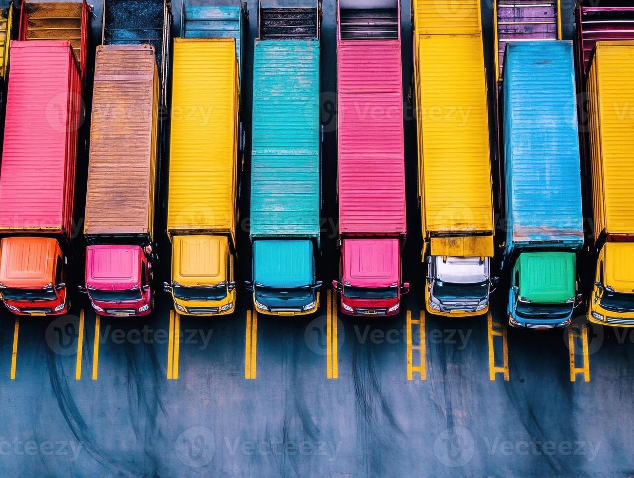 Colorful trucks lined up in a busy parking area during daytime photo