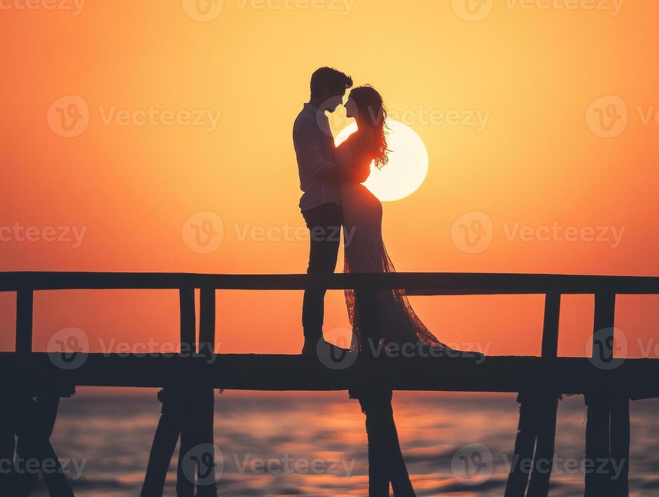Couple embracing on a pier at sunset over the ocean photo