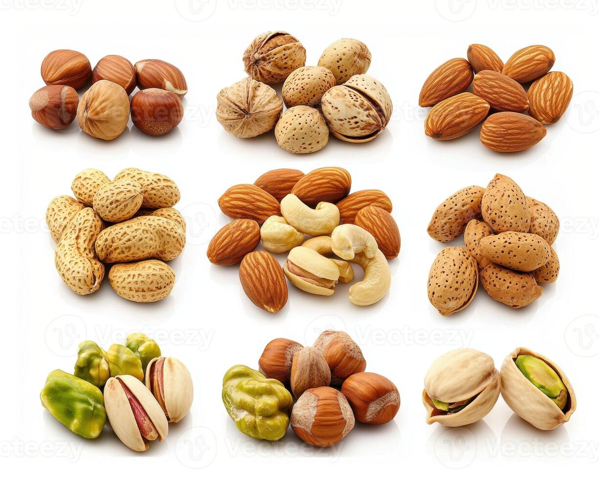 Colorful arrangement of nuts on white background photo