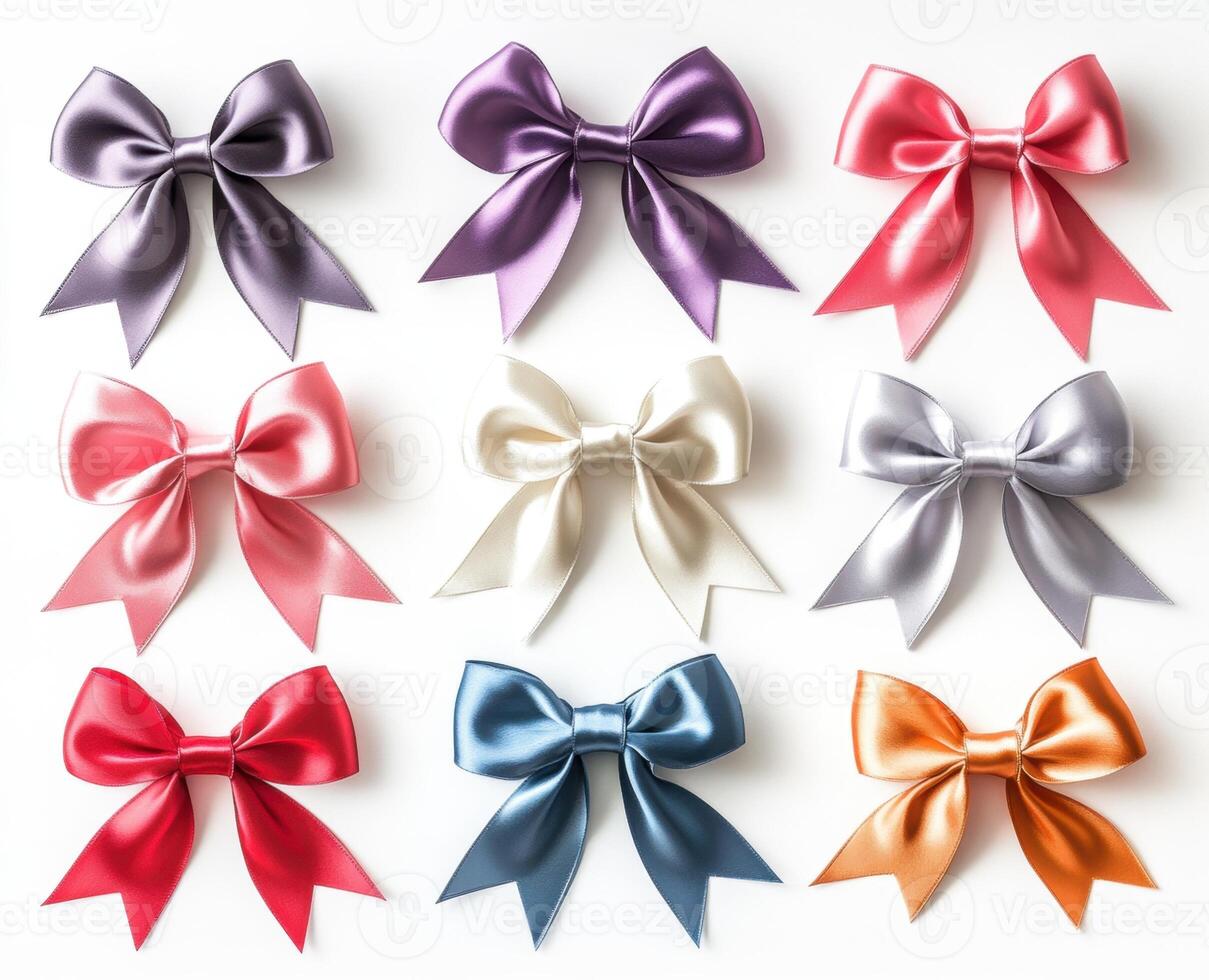 Colorful satin bows arranged in a grid pattern on a white background photo