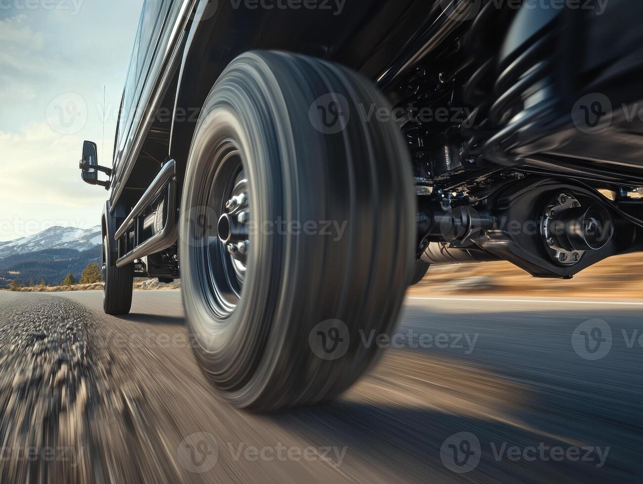 Close-up of truck tire on asphalt road with mountains in background photo