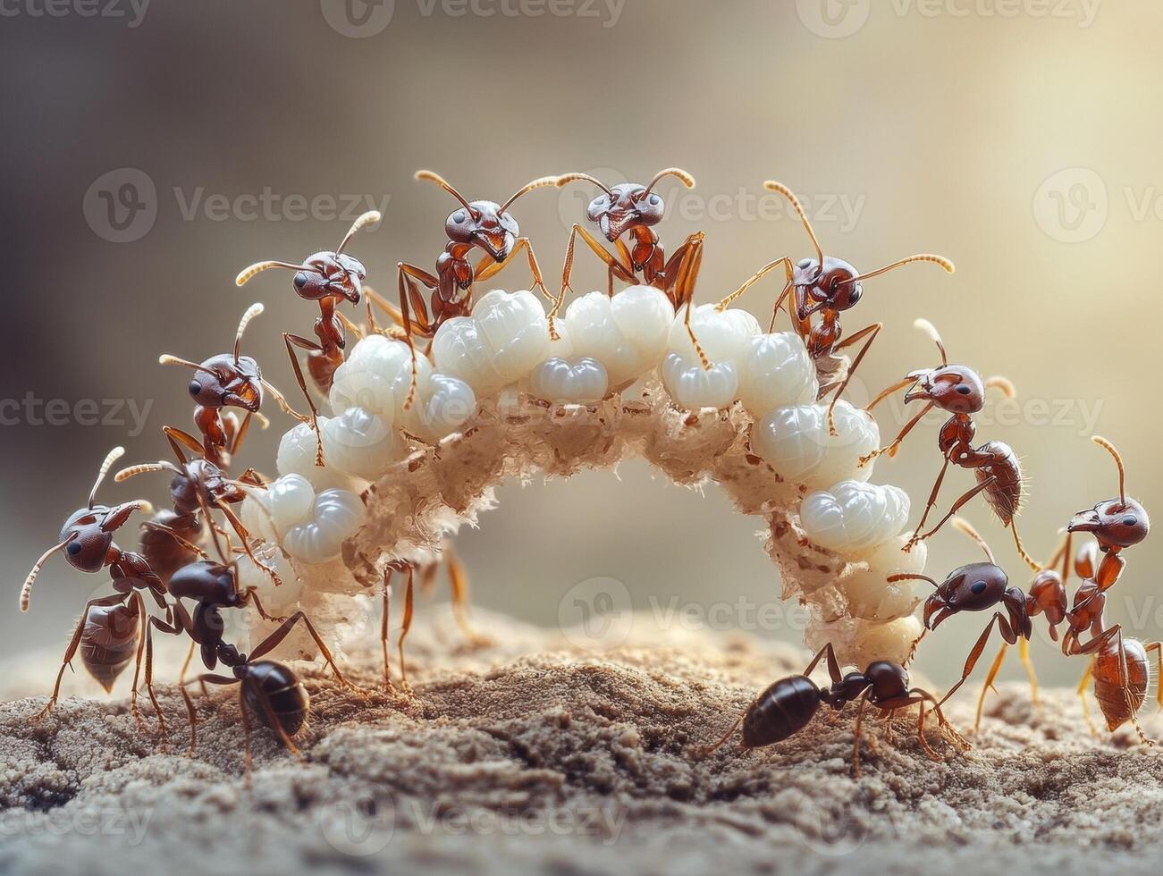 Ants collaborating to form a bridge over their larvae in nature photo