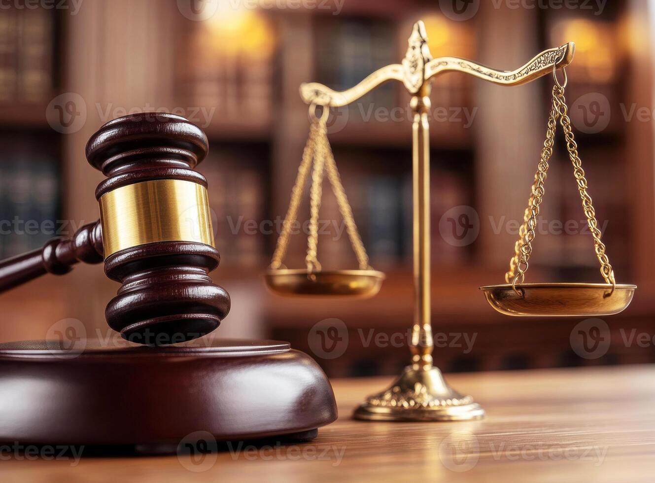 Justice tools are displayed on a wooden table photo