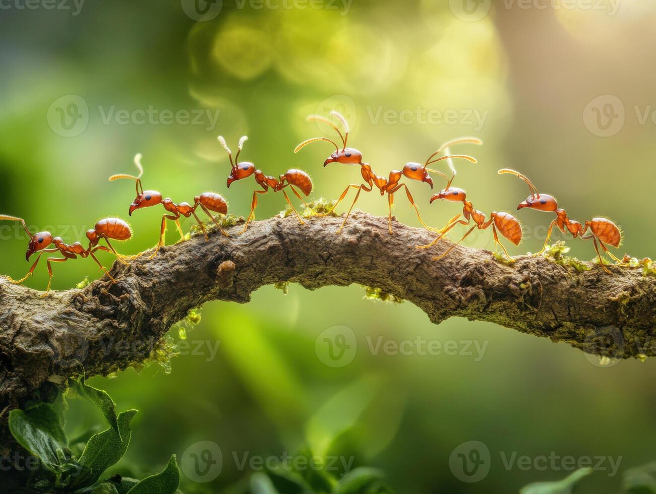 Ants march along a branch in a vibrant forest during daylight photo