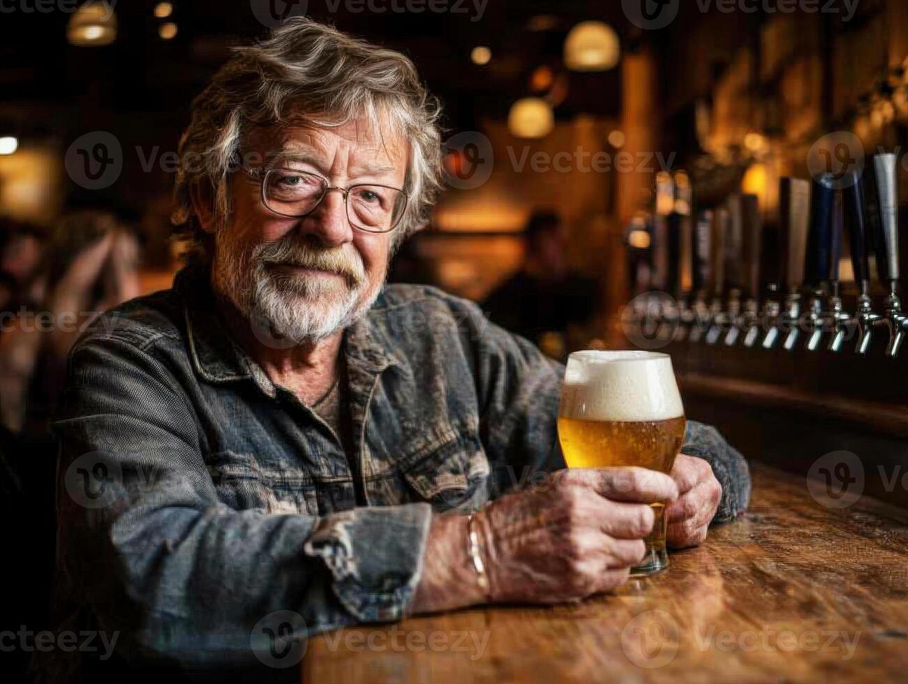 Elderly man enjoying a craft beer at a cozy bar in the evening photo