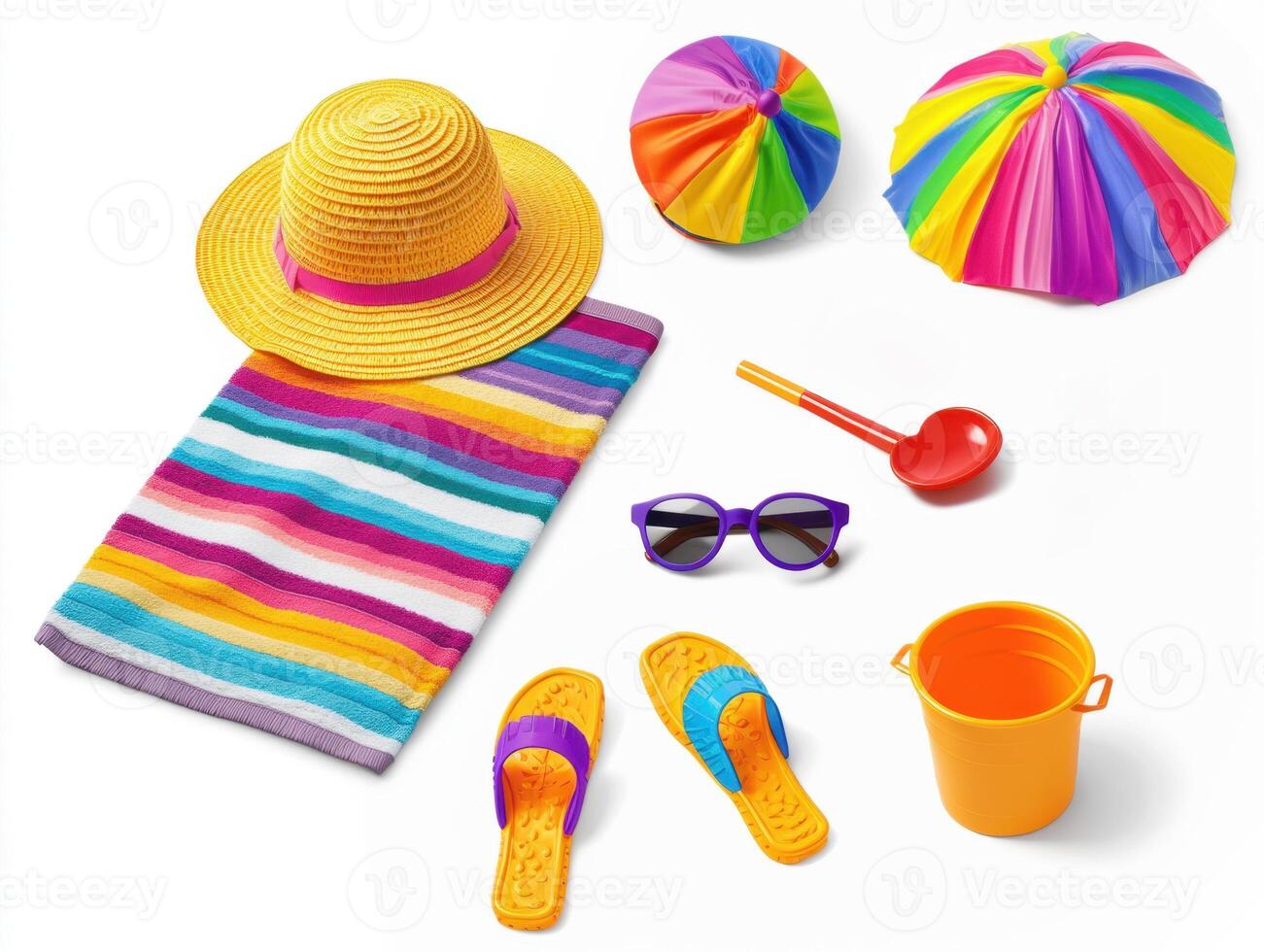 Summer beach essentials arranged on a colorful towel photo