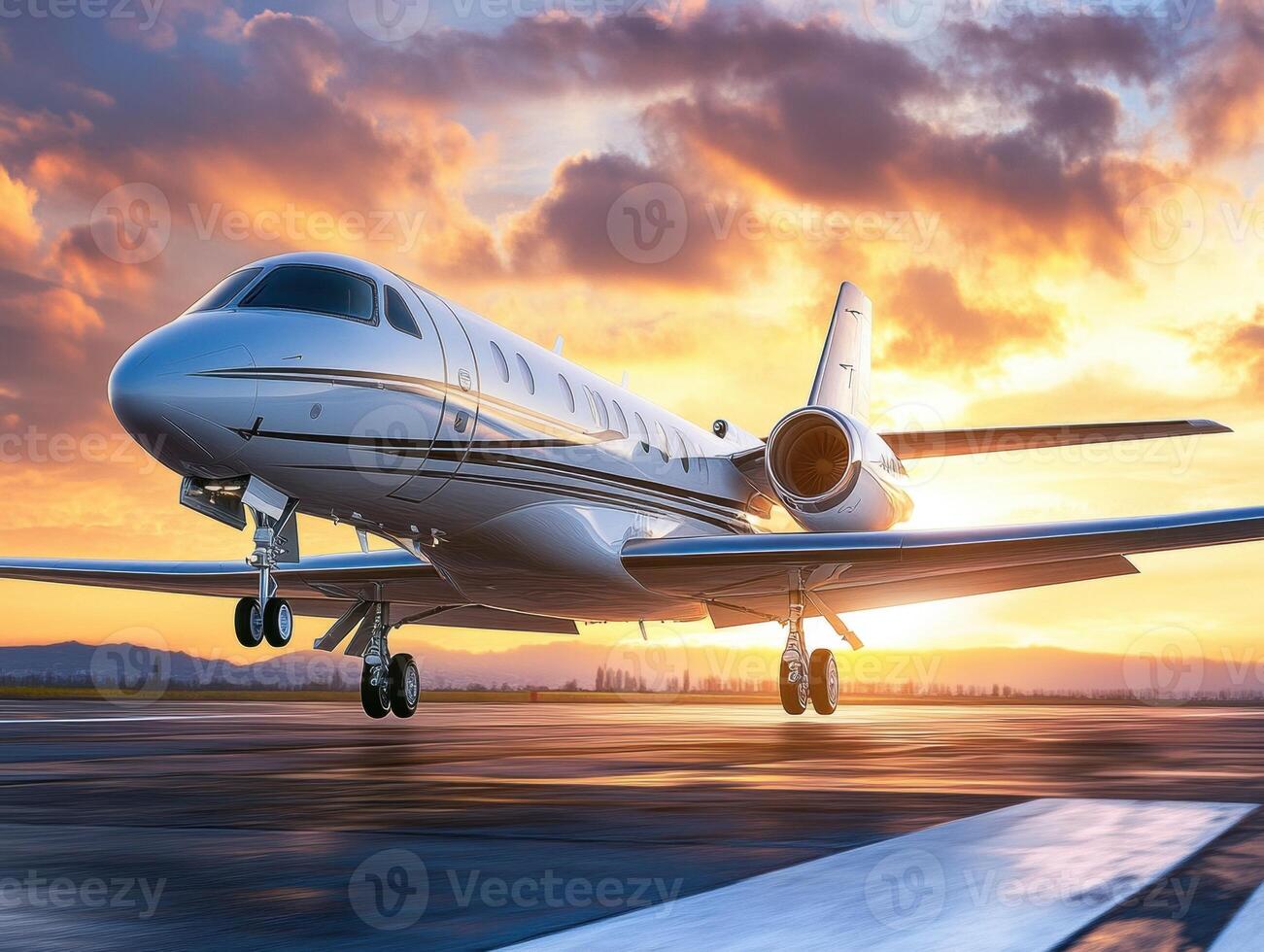 Luxury jet landing against a stunning sunset backdrop photo