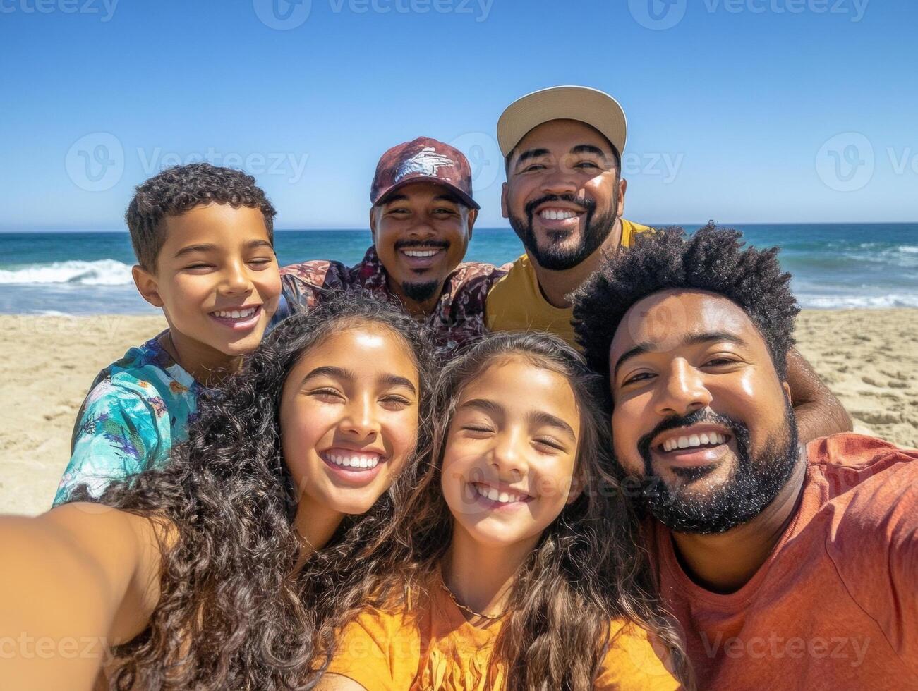 Family enjoying a sunny day at the beach with smiles and laughter photo