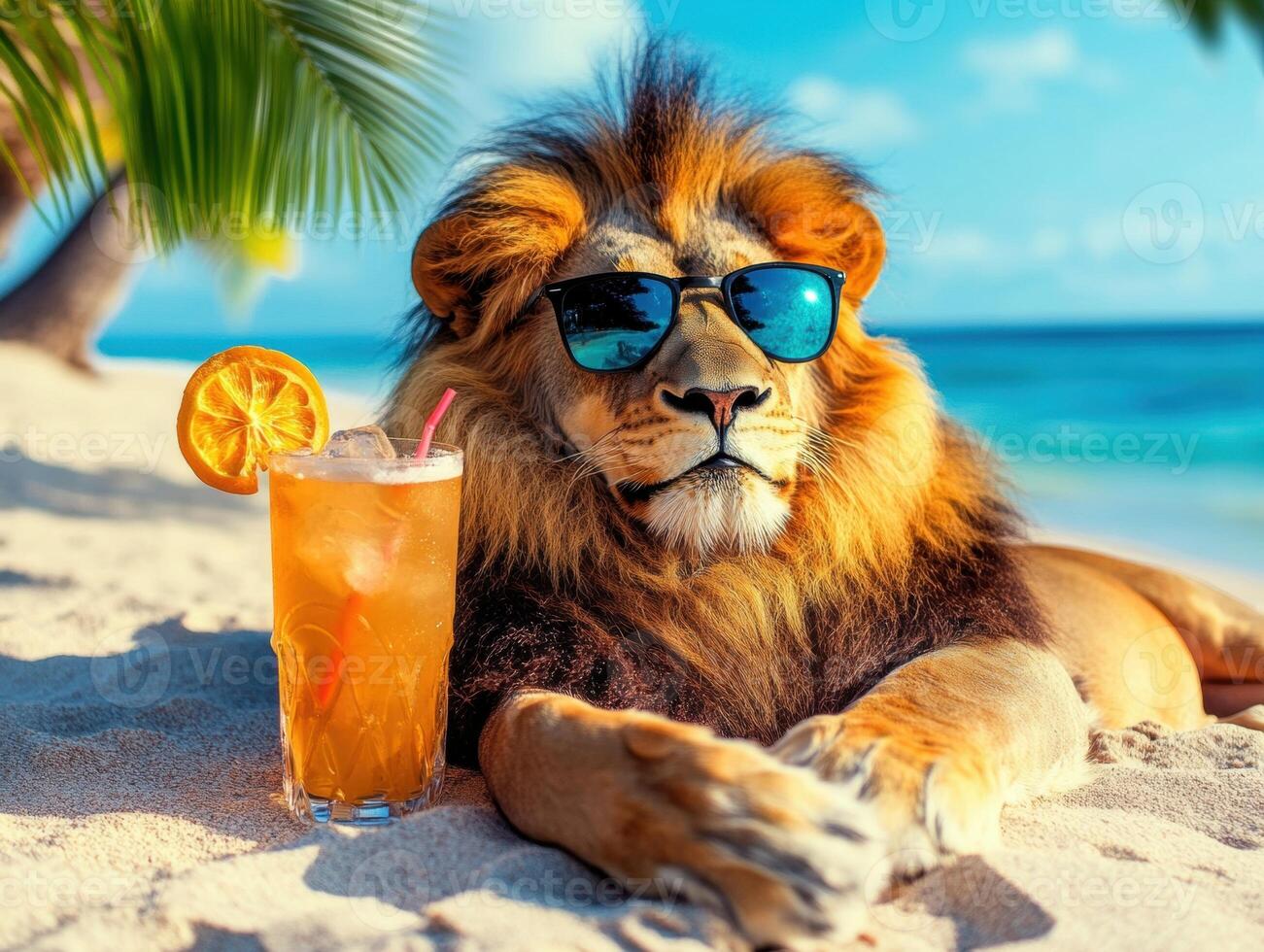 Lion relaxing on a beach with a tropical drink in sunny weather photo