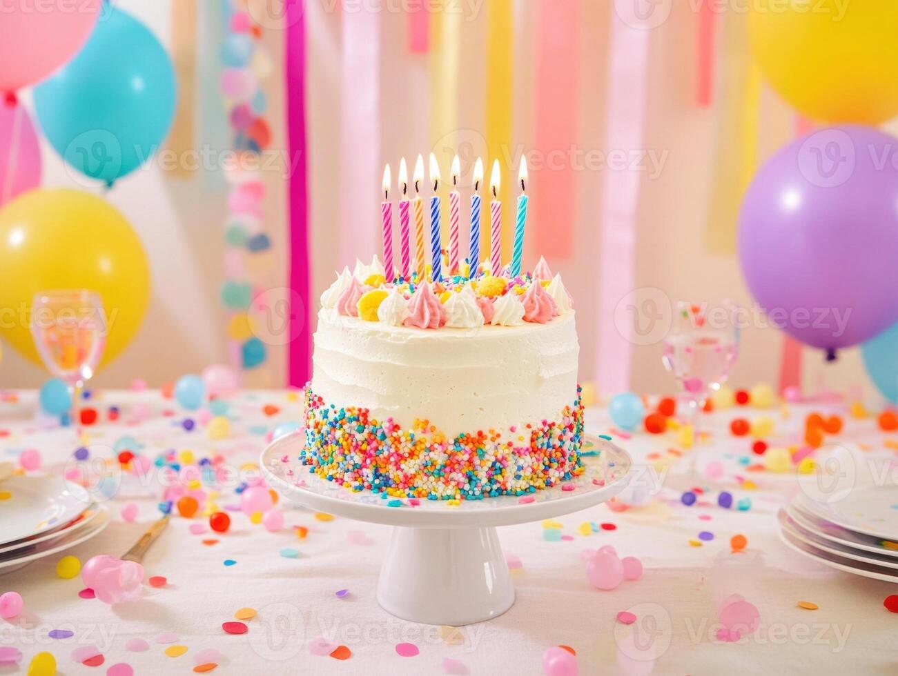 Colorful birthday cake with candles on a festive table setting photo
