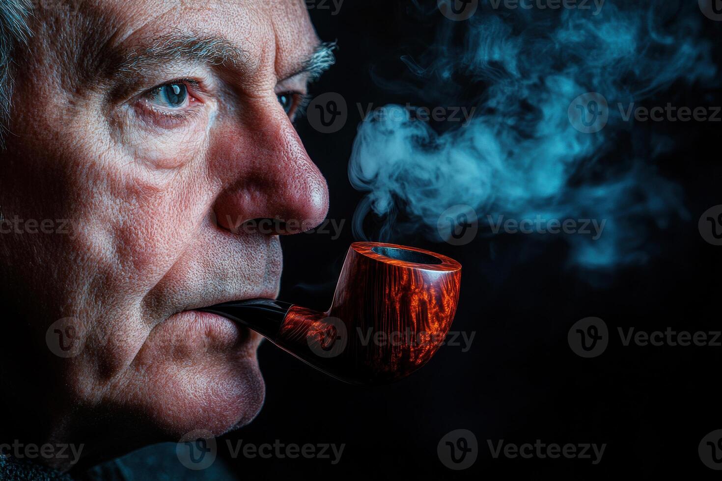 Elderly man enjoys pipe smoking with a contemplative gaze photo